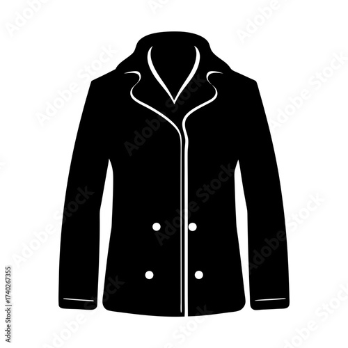 Stylish black overcoat with white trim and doublebreasted button closure