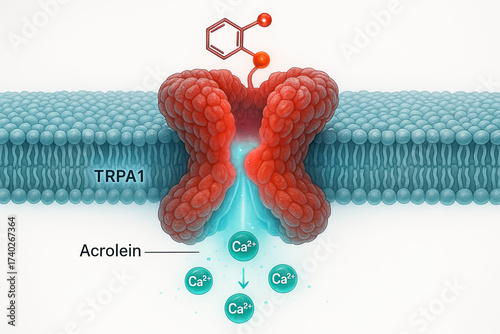 Molecular illustration showing acrolein activating the TRPA1 ion channel, leading to calcium ion influx.