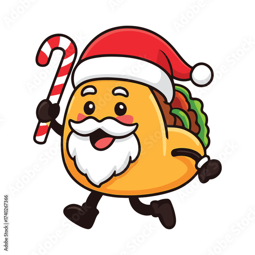 Cute cartoon taco dressed as santa claus holding a candy cane celebrating christmas