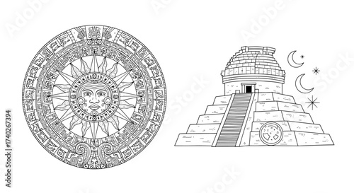 Ancient Aztec Calendar and Temple Depiction in Black and White Line Art
