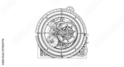 Intricate Astrolabe Illustration: A Black and White Technical Drawing