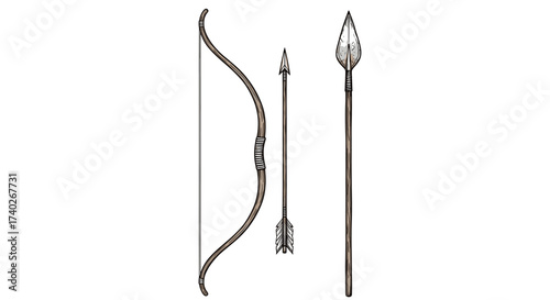 Ancient weaponry with a simple bow, arrow, and spear