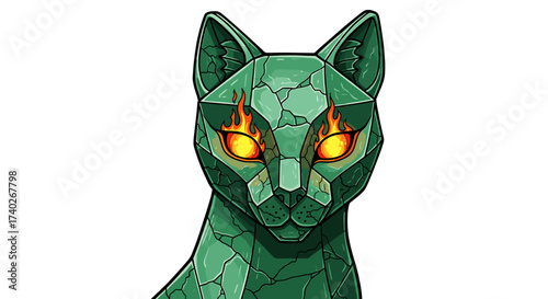 Ethereal stone cat with fiery eyes illustration on white background.