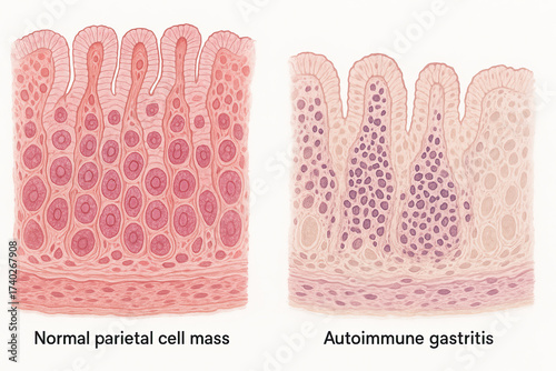 Illustration comparing healthy parietal cells with those affected by autoimmune gastritis
