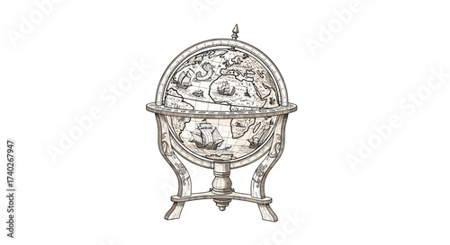 Antique Globe with Sea Monsters and Sailing Ships Illustration