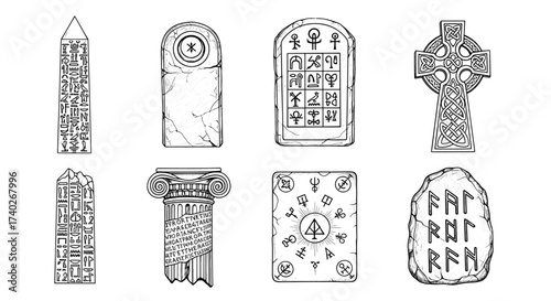 Ancient Symbols: Diverse Cultural Artifacts Represented in Black and White Illustrations