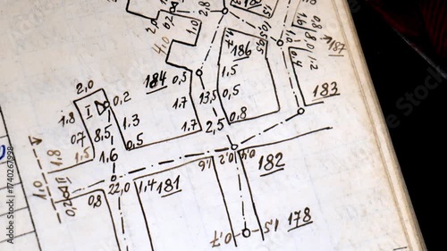 Macro closeup of technical blueprint or mining plans on paper with numerals, gridlines, dimensions and annotations, engineering diagram on tabletop workspace, no people, detailed texture