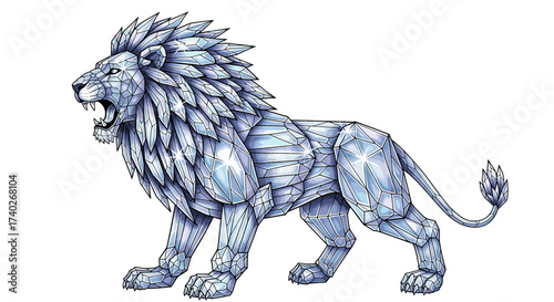 Crystalline Lion Roaring: A Stunning Geometric Artwork on White Background
