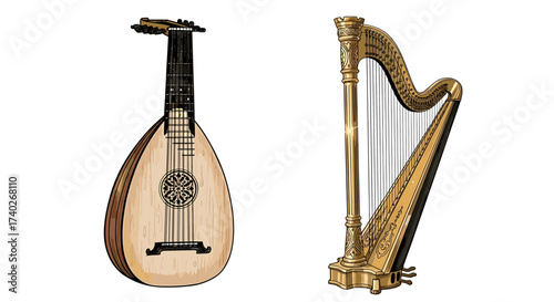 Artistic Rendering of a Lute and Golden Harp Illustration