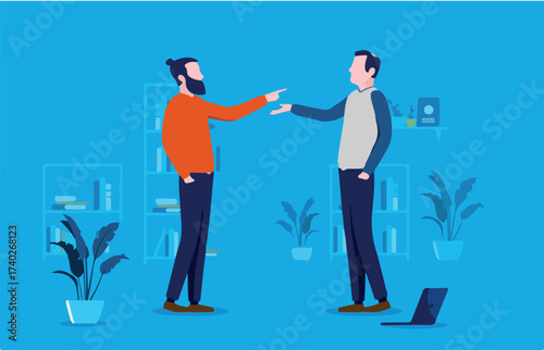 Argument in office - Two men arguing and having a dispute, young and adult disagreement concept. Vector illustration.