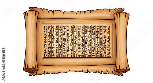 Ancient Egyptian hieroglyphs on a papyrus scroll for historical designs.
