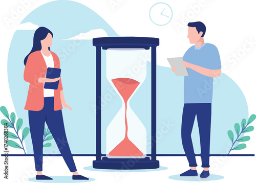 Business waiting - Two people with hour glass standing in patience watching as time goes by. Flat design vector illustration with white background