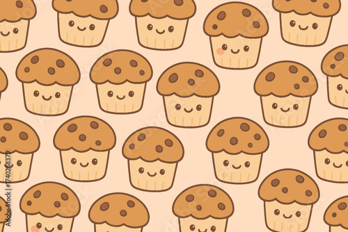 Seamless pattern of cute kawaii chocolate chip muffins with happy faces