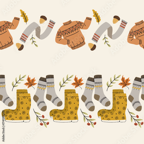 Autumn Apparel and Accessories Vector Seamless Horizontal Borders Set