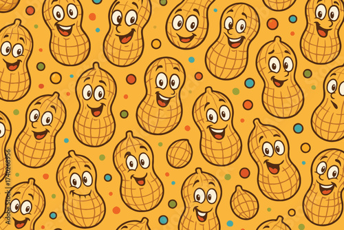Seamless pattern of happy cartoon peanuts with smiling faces and colorful dots on a warm orange background