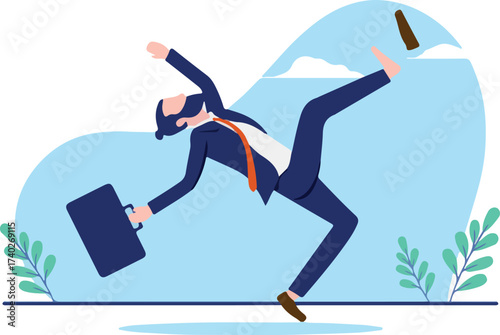 Businessman falling - Man failing in business and career stumbling backwards and being unlucky. Flat design vector illustration with white background