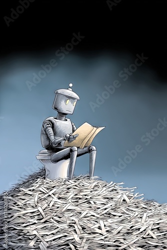 A robot sits on a toilet reading a book while outputting generative AI slop writing - large language model and artificial intelligence comic