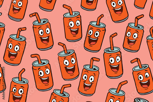 Seamless pattern of happy cartoon orange soda cans with straw and smiling faces on pink background