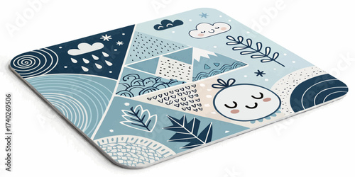 Artistic coaster featuring abstract designs with clouds leaves and geometric shapes in a pastel color palette