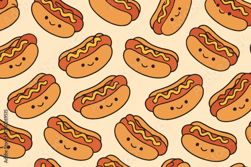 Cute kawaii hot dog pattern with smiling faces and mustard and ketchup