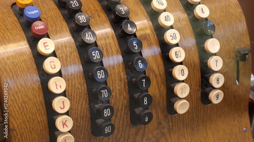 Old antique retro mechanical cash register vintage shop retail store shop interior object detail, history trading culture abstract concept symbol, counting prices commerce business detail nobody