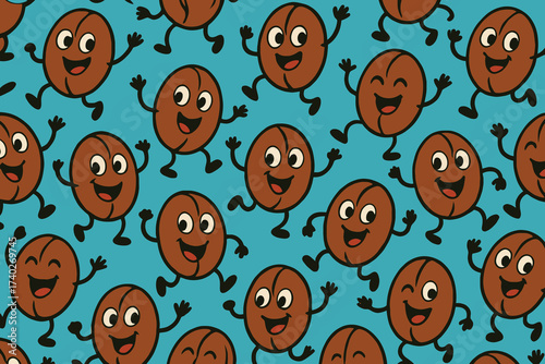 Seamless pattern of happy cartoon coffee beans dancing joyfully on a bright blue background