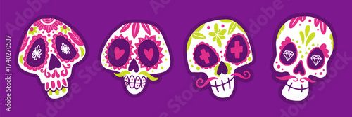 Printable sugar skull sticker set Dia de los Muertos Day of the Dead Mexican holiday symbols with colorful floral and heart decoration on purple background traditional design digital stickers