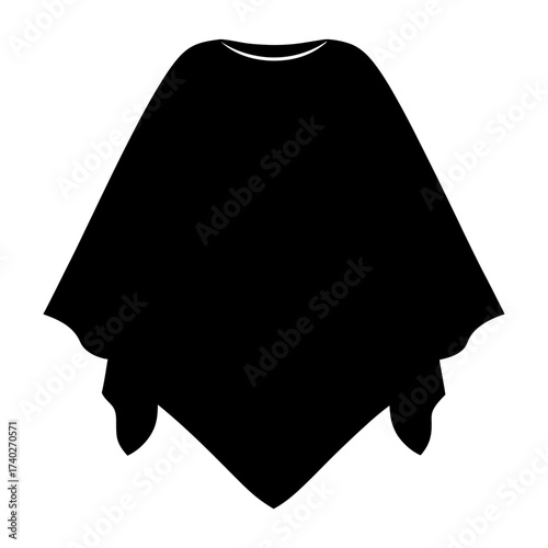 Stylized Black Poncho Illustration with Simple Neckline and Flared Hem Detail