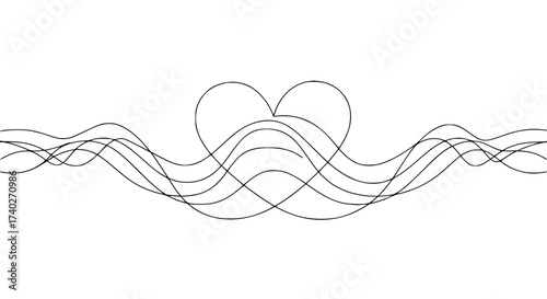 Flowing single-line vector design with heart shape and waves  