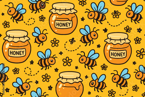 Cute cartoon bees flying around honey jars and flowers in a playful seamless pattern