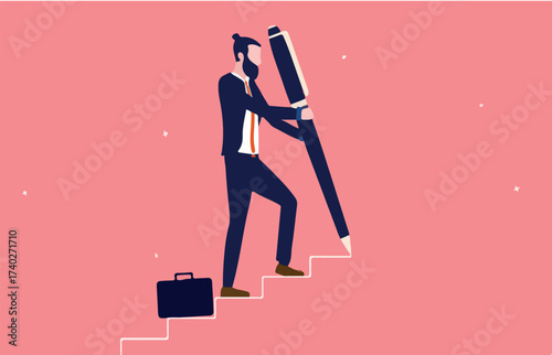 Create your own career path and success - Entrepreneur walking up stairs while drawing with pen. Personal development concept. Vector illustration.