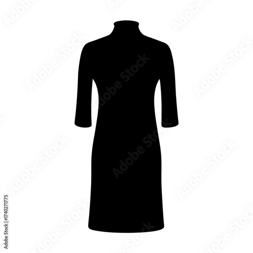 Simple black dress with elbow length sleeves and a high neckline silhouette