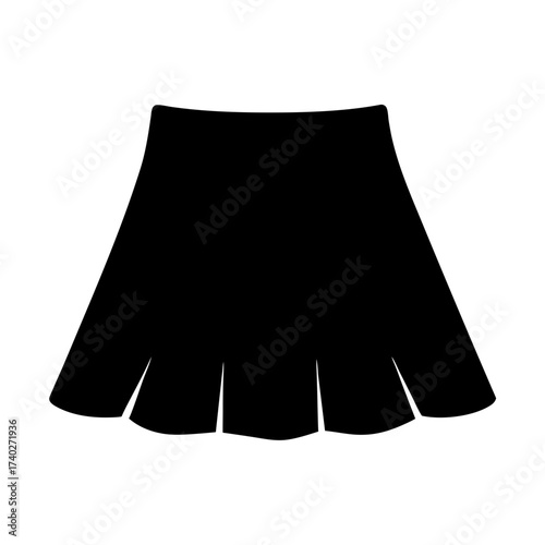 Silhouette of a black, short pleated skirt with a slight flare