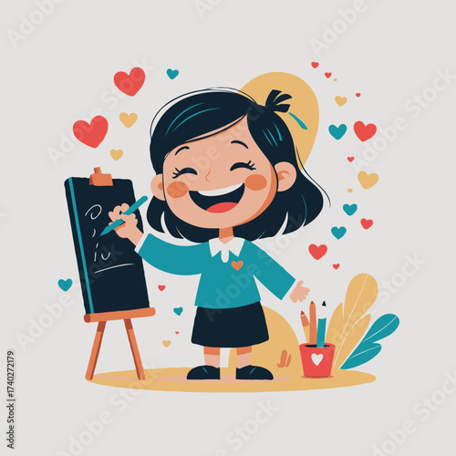 Happy girl drawing hearts on chalkboard in colorful classroom setting  