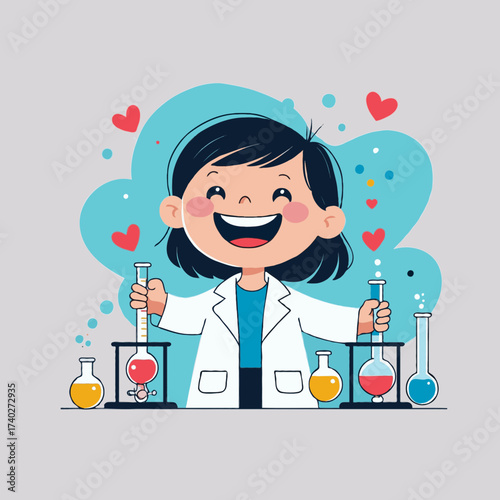 Cheerful young girl in lab coat conducting experiments with beakers  