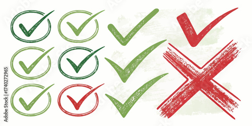 Collection of green check marks and red x marks in various styles and orientations on a white background