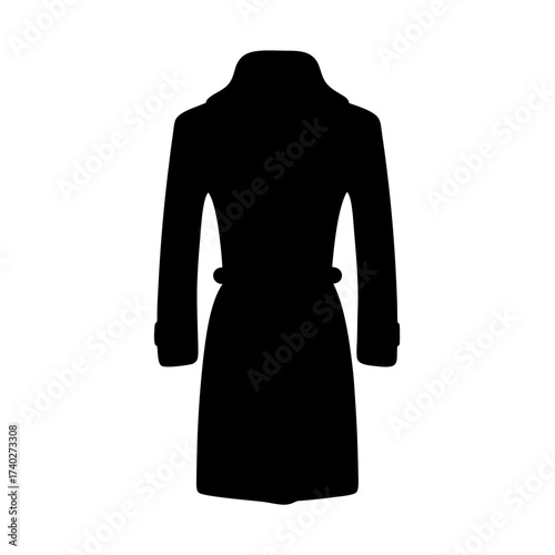 A minimalist black silhouette of a woman's trench coat with a belt