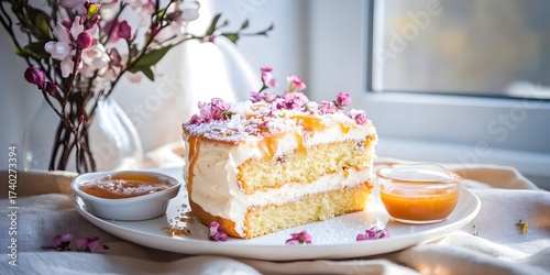 Cake slice by window light, Floral topped layer cake on plate, Creamy frosting and berries, Honey jar and breakfast props, Cozy kitchen scene, Minimal background, Copy space for text