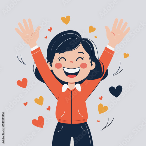 Happy girl celebrating with raised hands surrounded by hearts  