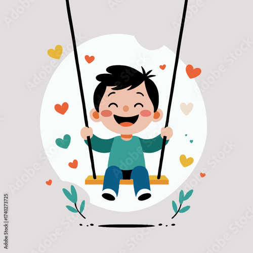 Cheerful boy swinging with joy surrounded by hearts and leaves  