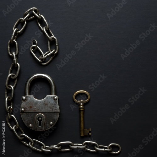 Security: An old metal lock with a key and chain on a dark background, symbolizing protection, secrecy, and resolution.