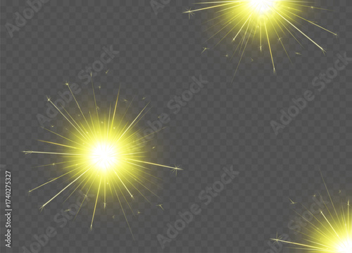 Bright, sparkling star with flashes of light and shining rays, its half and quarter, isolated on a transparent background. Vector illustration of a star, sun, and flash.