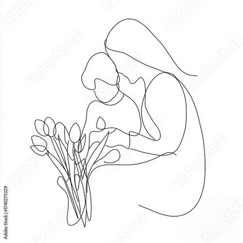 Mother holding daughter and presenting flowers in line art style - Concept of International Women’s Day  