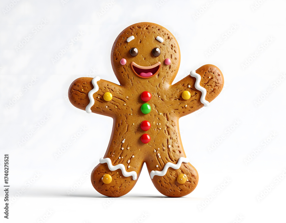 Obraz premium Cute 3D Cartoon Gingerbread Man Waving on White Background