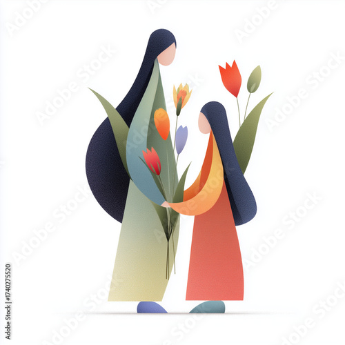 Mother and daughter exchanging flowers in colorful spring setting, concept of International Women’s Day  