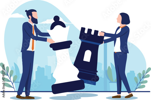 Competitive business people - Man and woman competing with chess pieces. Conflict and opposition concept. Vector illustration with white background