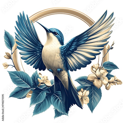 Blue and photo white hummingbird with wings spread in floral circle flying