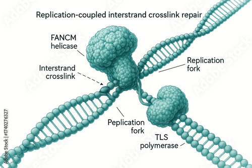 Illustration of replication-coupled interstrand crosslink repair process in DNA with FA com and TLS polymerase