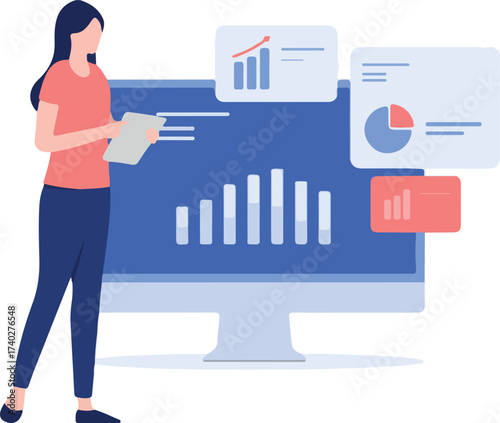 Woman with charts and data - Illustration of female person working on statistics and diagrams on computer. Business analytics concept, flat design vector with white background