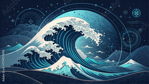 A stylized depiction of a large ocean wave with celestial elements and mountain silhouettes in the background